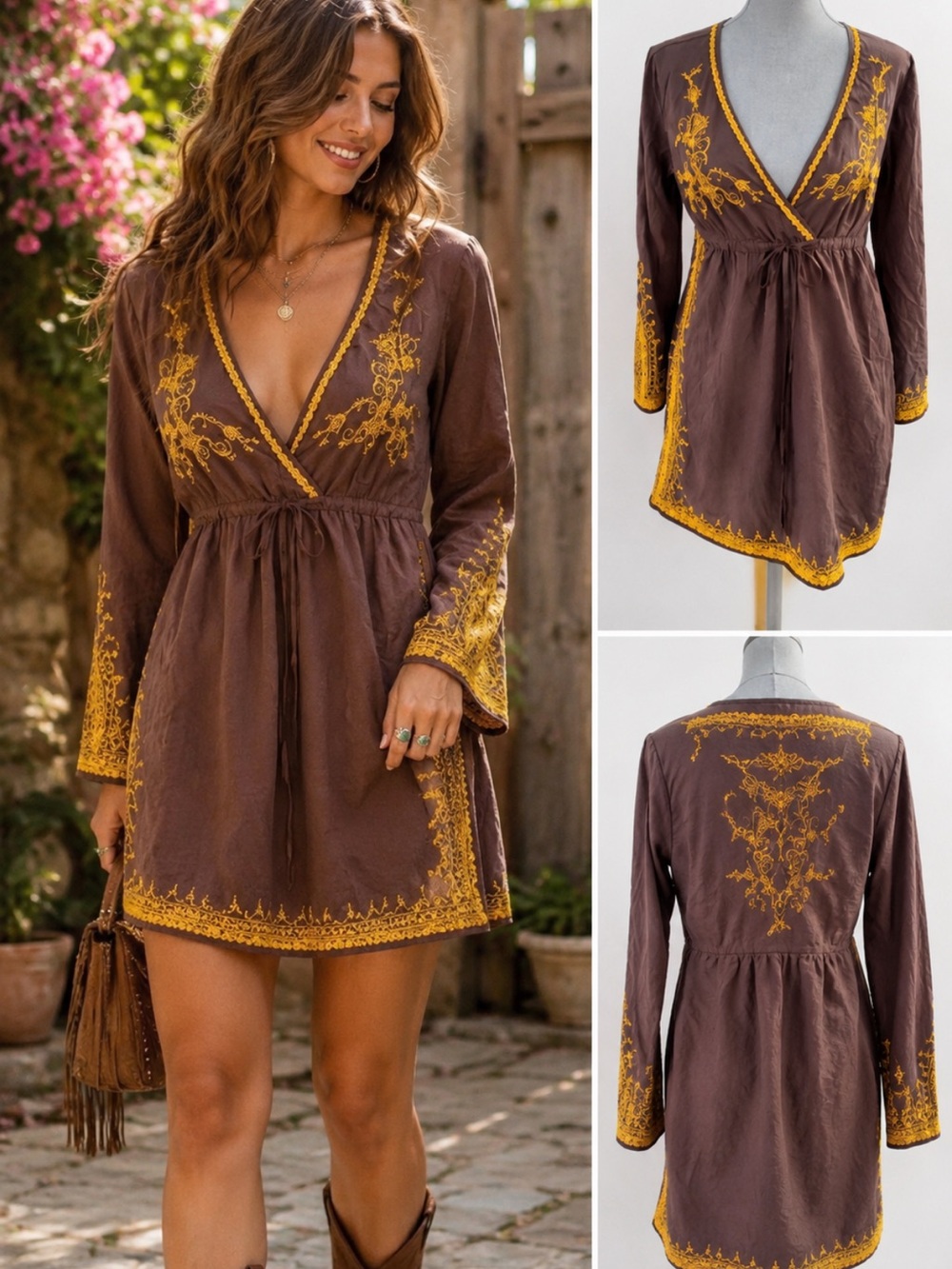 Lucky Brand Brown Embroidered Boho Mini Dress Large 100% Cotton India